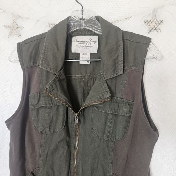 American Rag Women Medium Khaki Full Zip Utility Field Vest Military Practical - Picture 5 of 10